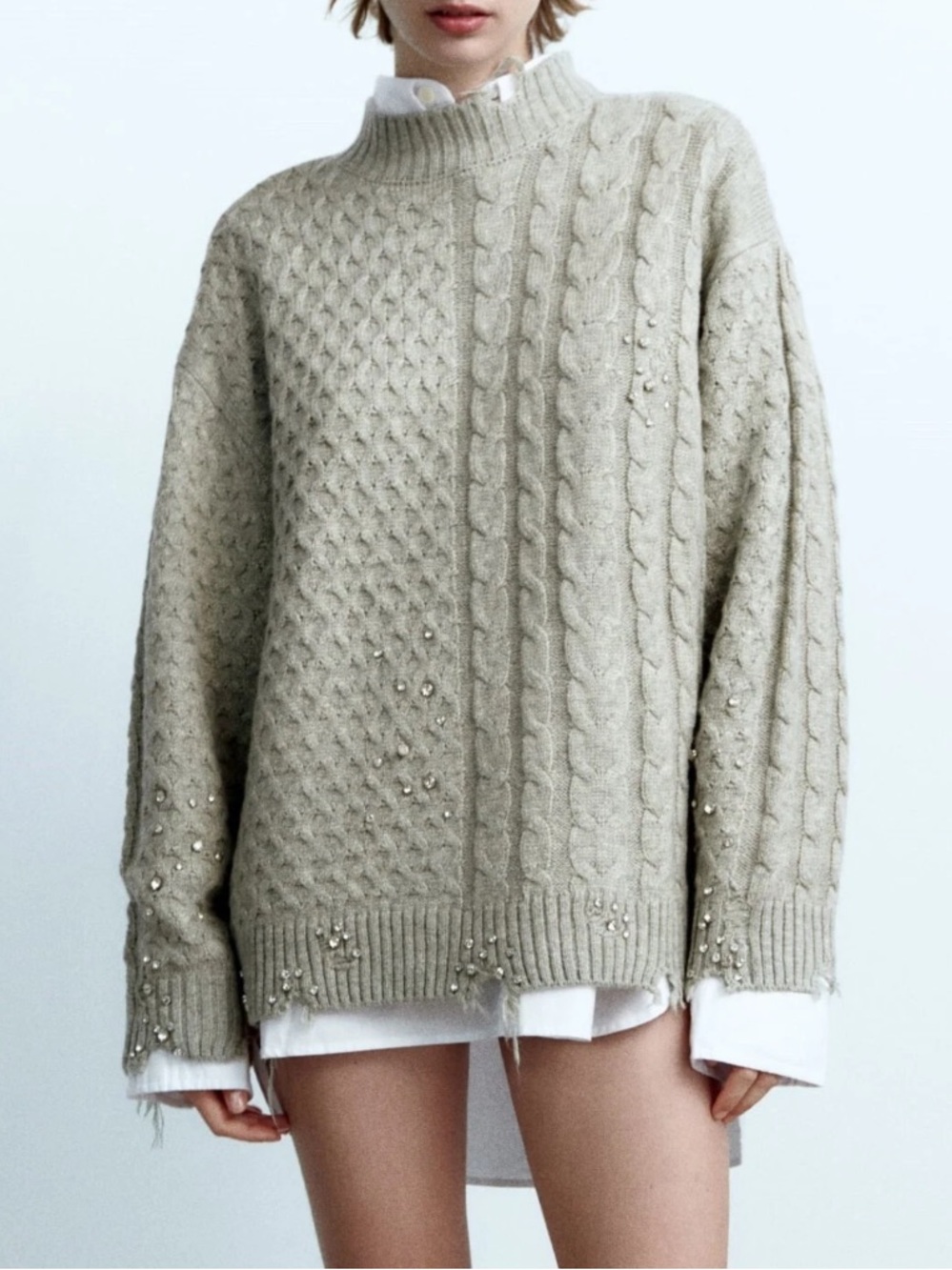 Zara Light Grey Rhinestone-Embellished Cable Knit Turtleneck Sweater